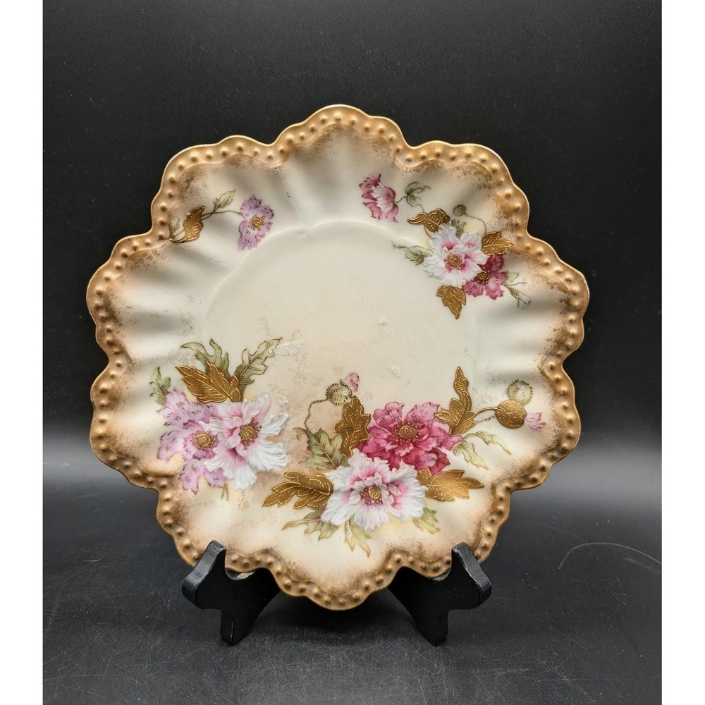 Antique A Lanternier Limoges France‎ Floral Scalloped Gold Gilt Porcelain Plate